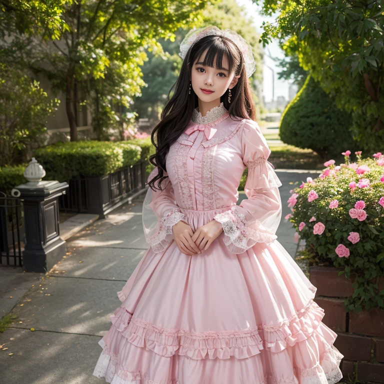 daytime,Side shot,In front of the amusement park castle,,best quality, Delicate face,beautiful visual work, lifelike, eternity, black hair, Long curly hair, blunt bangs, Smile, Detailed Background, Delicate face,pink blush,cold,((masterpiece))、(top quality)、8k、high detail、Super detailed,31 years old female,Wearing ta dress、Seductive and whimsical style、masterpiece、born、Scenes resembling fairy tale illustrations、Intricate details and complex designs、Beautifully、magic、capricious、 Beautifully、Dream aesthetics、「𝓡𝓸𝓶𝓪𝓷𝓽𝓲𝓬、ethereal、charming、fickle、magic」、Realism、Visual effects、FXAA、SSAO、Shaders、voiceless、ambient lighting、Tone mapping、High resolution、Ultra high quality、Million pixels、(8K resolution:1.10)、8k、Below 8K、8K resolution、high detail、intricate details, (high quality:1.2、masterpiece:1.2、:1.21)、(31 years old female:1.21)、(Smile excitedly)、(Surrounded by the dreamy atmosphere、Model diagram,full-body shot,Normal 2 feet,Don't show your fingers,pink dress, lots of lace,layered dress, Long sleeve,Puff sleeves,Transparent sleeves,Bow at the back of the waist, Skirt length to calf, cupcake dress, Layered skirt with lace on each layer, Wear a LOLIress, layered dress, Pink lolita s, lots of lace, Long sleeve, Wide sleeves, Big skirt, layered lace skirt, Puff sleeves, Wide sleeves, Transparent sleeves子, intricate details showcase the ruffles and intricate designs of the Lolita dressaring a lolita dress, Bo the back of the waist, Skirt length to calf, cupcake dress, Layered skirt with lace on each layer, Wear a LOLITA dress, layereess, Pink lolita skirt, lots of laLong sleeve, Wide sleeves, Big skirt, layered lace skirt, Puff sleeves, Wide sleeves, Transparent sleeves子, intricate details showcase the ruffles and intricate designs of the Lolita dress, Wearing a loliress,