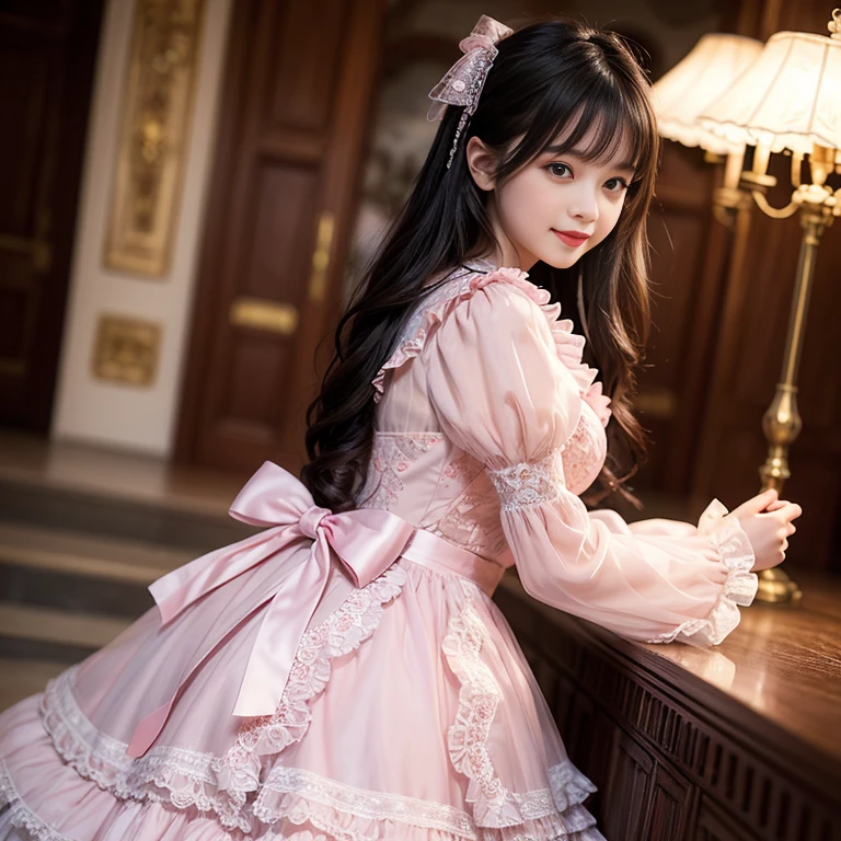 daytime,Side shot,In front of the amusement park castle,,best quality, Delicate face,beautiful visual work, lifelike, eternity, black hair, Long curly hair, blunt bangs, Smile, Detailed Background, Delicate face,pink blush,cold,((masterpiece))、(top quality)、8k、high detail、Super detailed,31 years old female,Wearing lolita dress、Seductive and whimsical style、masterpiece、born、Scenes resembling fairy tale illustrations、Intricate details and complex designs、Beautifully、magic、capricious、 Beautifully、Dream aesthetics、「𝓡𝓸𝓶𝓪𝓷𝓽𝓲𝓬、ethereal、charming、fickle、magic」、Realism、Visual effects、FXAA、SSAO、Shaders、voiceless、ambient lighting、Tone mapping、High resolution、Ultra high quality、Million pixels、(8K resolution:1.10)、8k、Below 8K、8K resolution、high detail、intricate details, (high quality:1.2、masterpiece:1.2、:1.21)、(31 years old female:1.21)、(Smile excitedly)、(Surrounded by the dreamy atmosphere、Model diagram,full-body shot,Normal 2 feet,Don't show your fingers,pink dress, lots of lace,layered dress, Long sleeve,Puff sleeves,Transparent sleeves,Bow at the back of the waist, Skirt length to calf, cupcake dress, Layered skirt with lace on each layer, Wear a LOLITA dress, layered dress, Pink lolita skirt, lots of lace, Long sleeve, Wide sleeves, Big skirt, layered lace skirt, Puff sleeves, Wide sleeves, Transparent sleeves子, intricate details showcase the ruffles and intricate designs of the Lolita dress, Wearing a lolita dress, Bow at the back of the waist, Skirt length to calf, cupcake dress, Layered skirt with lace on each layer, Wear a LOLITA dress, layered dress, Pink lolita skirt, lots of lace, Long sleeve, Wide sleeves, Big skirt, layered lace skirt, Puff sleeves, Wide sleeves, Transparent sleeves子, intricate details showcase the ruffles and intricate designs of the Lolita dress, Wearing a lolita dress,