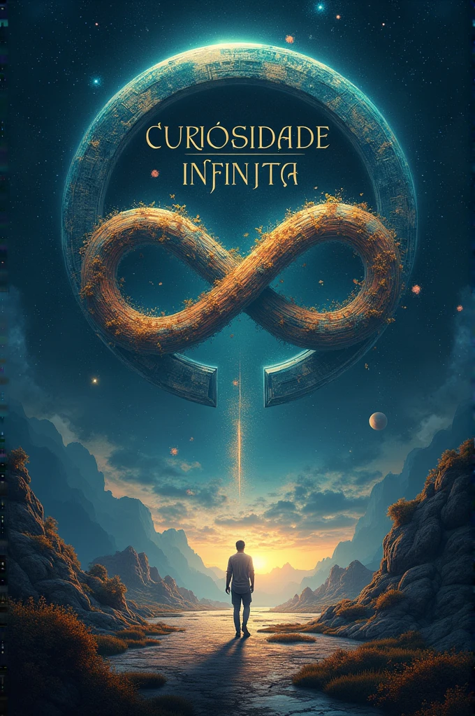 the image should have the infinity symbol the name "Curiosidade Infinita" and elements that remember curiosity and exploration
