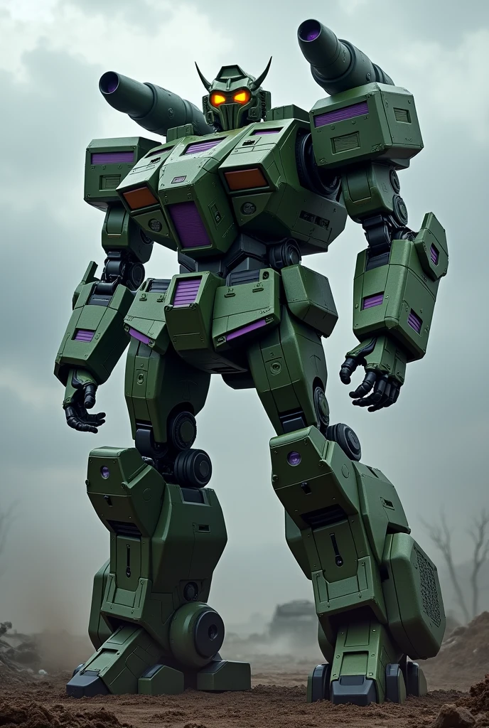 Generates a military green robot with dark purple details capable of transforming into an M4 Sherman with 4 track wheels; On his back he has the cannon of his alternate mode on the left side