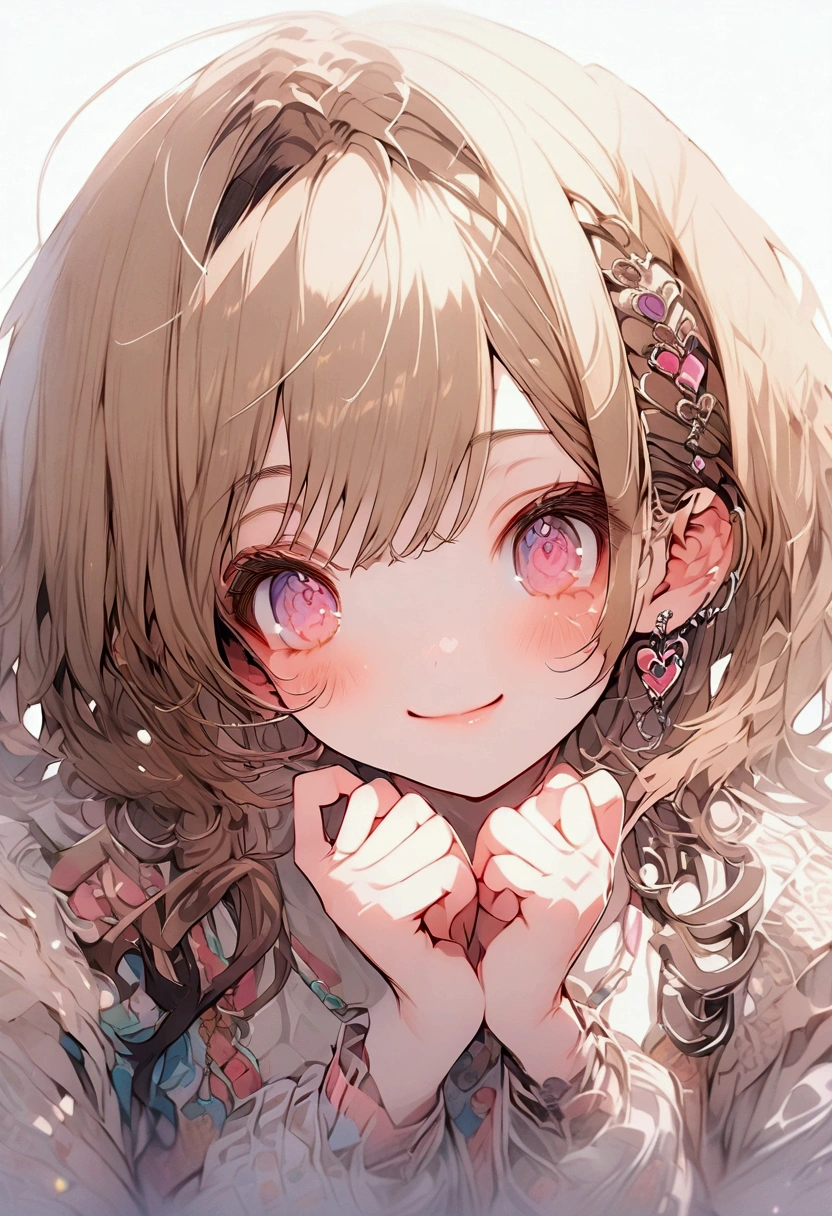 ((best quality)), ((masterpiece)), (detailed), perfect face two girls making heart with their hands looking cute and one is smiling and other is little bit smiling on han brown hair and dark brown eyes and other has pink eyes and yellow hair wearing shirt picture with full of colors