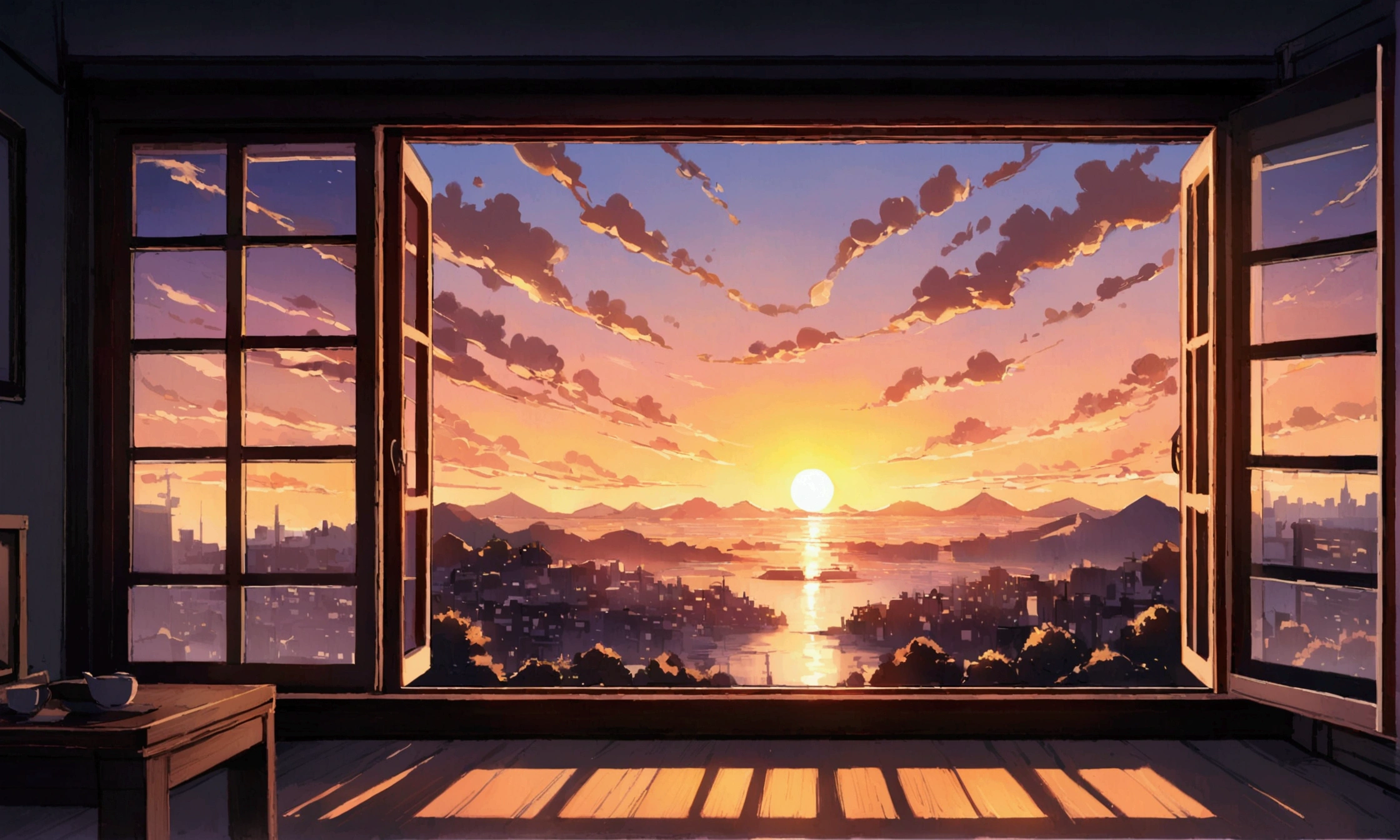 sunset, window,Sitting, , 大きなwindow, windowから海が見える, windowから地平線が見える,