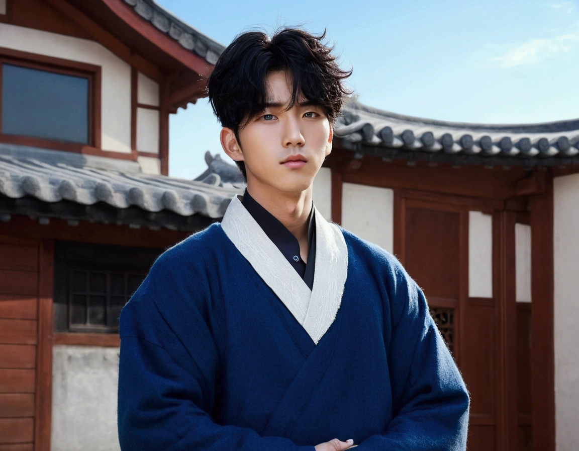 a young adult Korean guy, black hair little bowl
,dark blue eyes,he is very handsome, beautiful, hot