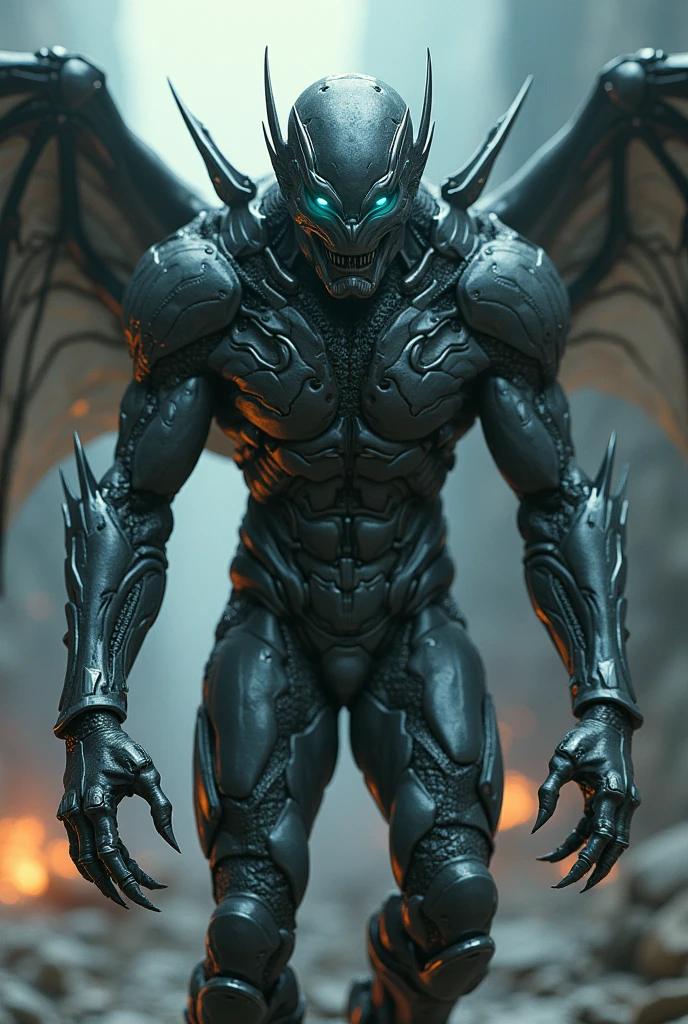 a mutant human with metal wings, intricate cybernetic enhancements, glowing eyes, sharp claws, an armored exoskeleton, a powerful physique, a futuristic and dystopian setting, dramatic lighting, a sense of power and danger, (best quality,4k,8k,highres,masterpiece:1.2),ultra-detailed,(realistic,photorealistic,photo-realistic:1.37),cinematic composition,cinematic lighting,dramatic shadows,highly detailed facial features,hyper detailed,incredibly detailed,incredibly intricate,insanely detailed,intricate details,stunning details,unreal engine,volumetric lighting