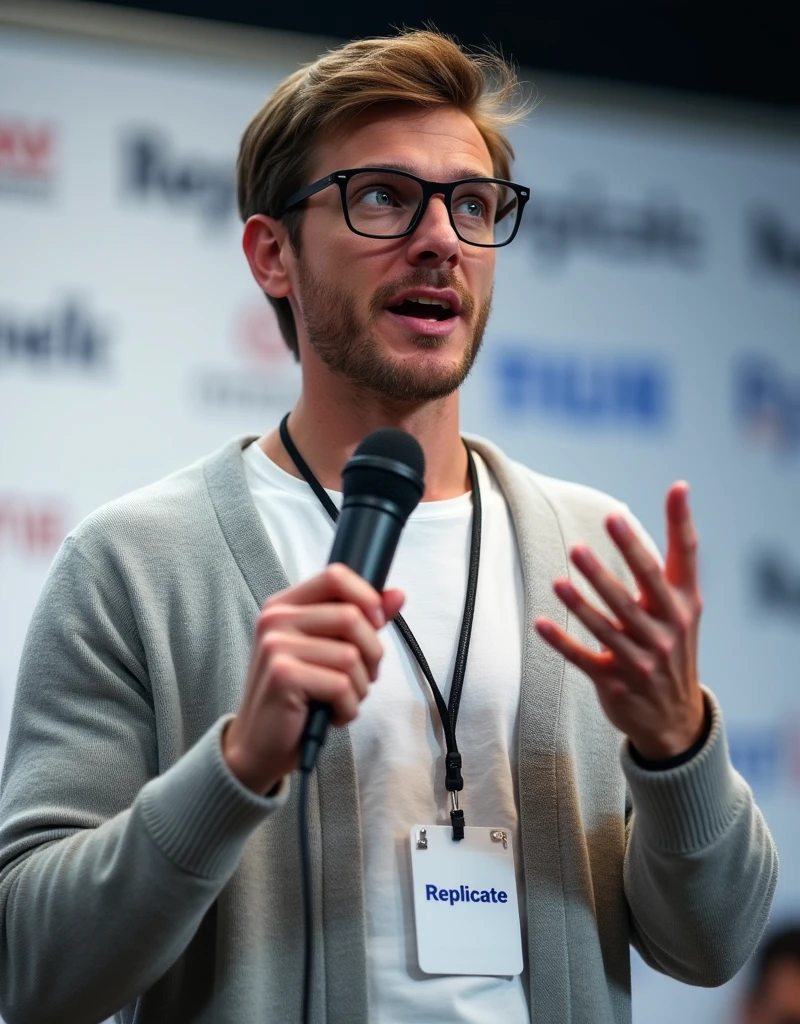 A charismatic speaker is captured mid-speech. He has short, tousled brown hair that's slightly messy on top. He has a round circle face, clean shaven, adorned with rounded rectangular-framed glasses with dark rims, is animated as he gestures with his left hand. He is holding a black microphone in his right hand, speaking passionately.

The man is wearing a light grey sweater over a white t-shirt. He's also wearing a simple black lanyard hanging around his neck. The lanyard badge has the text "Replicate".

Behind him, there is a blurred background with a white banner containing logos and text (including replicate), a professional conference setting.