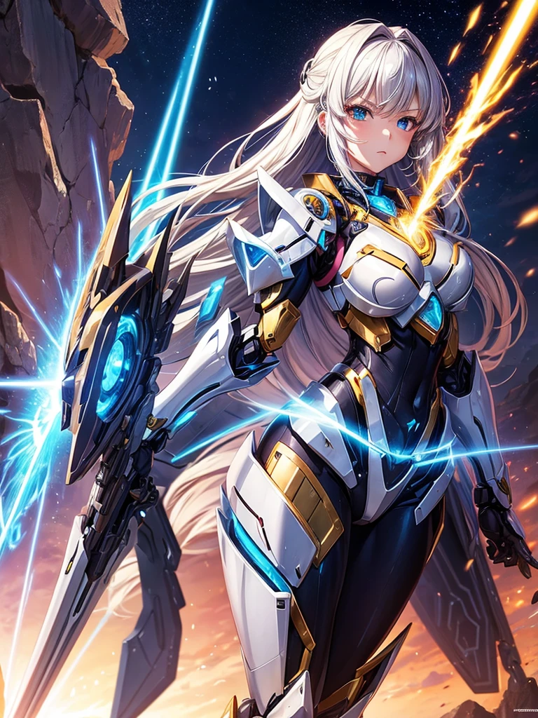 Girl (Mecha style armor) ( very sexy and beautiful) (powerful) (Auras of Power) (anime) (wielding an energy sword) 