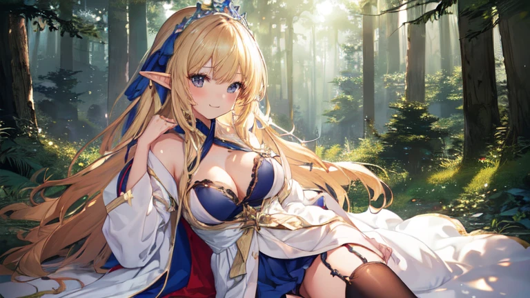best quality、Highest image quality、Super beautiful elf beauty((22-year-old OL with big bust、Bust 90,Beautiful long permed hair、Blonde、Slender、beautiful tiara、high quality、Elf ears、Happy smile、myth、Sexy的、extremely good、Mysterious Forest、in the woods、super high quality, Super detailed, Ultra-clear, forest, one person, long blonde hair, sleep, Swimsuit, dress, dress, Bathrobe, mini skirt, Stockings, Sexy, looking into the distance,Overlooking,different postures