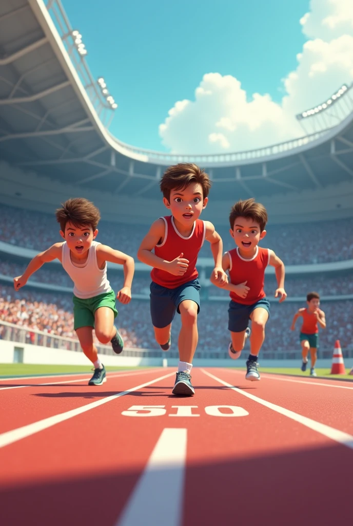 50 m running within three boys ,instructer waiting to stop them when they reach 50 m , mention 50 m written on lane , all this happening within stadium with audiance , upper view is compulsory