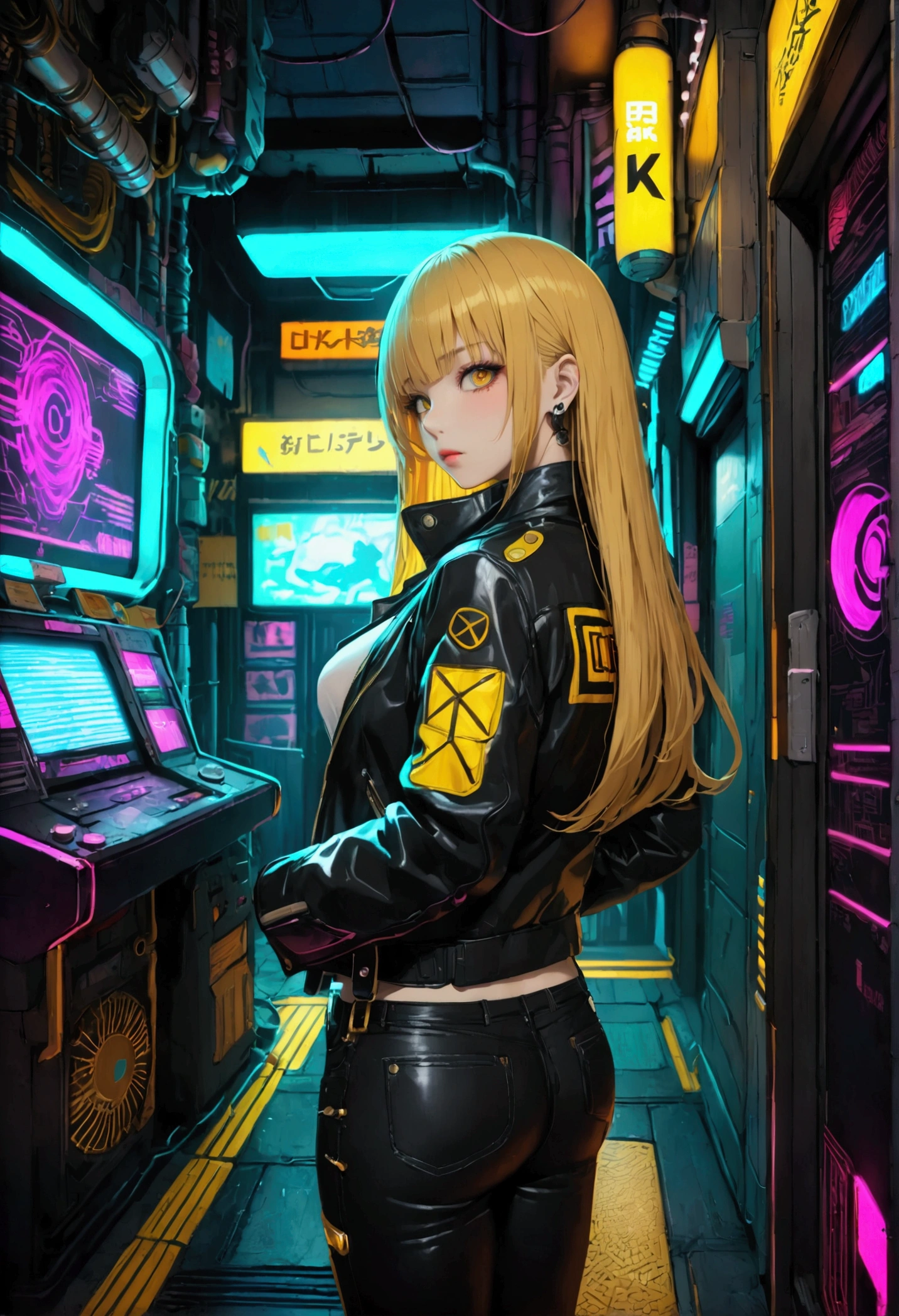 金髪の女性がcyber punkの街に立っている,Full body portrait,Looking at the camera(((Highest quality))),(((超detailed))),(((masterpiece))),shape,極限までdetailedに,超High resolution,最大detailed表示,Hyper Detail,Clear detailed,Great quality,Super detailed,can&#39;t believe it,High resolution,16K,detailed,Most authentic,Shiny solid color,(((cyber punk))),Outdoor,Neon night view,Shinjuku,(Surreal),((masterpiece, Highest quality, Extremely detailed CG, unity 8k wallpaper, Cinema Lighting, )),(((Browsing Caution))),  Attention to detail, Golden Ratio Perfect Body, Blonde long hair, Wearing a black leather jacket,Wearing black jeans,Heart tattoo under the left eye, Seducing the viewer with captivating eyes, Beautiful Art Ultra HD 8K, 8Kの非常にdetailedなデジタルアート,cyber punk,{{{Neon night view}}},A very complicated background,Shinjuku,A face with hints of mechanical detail