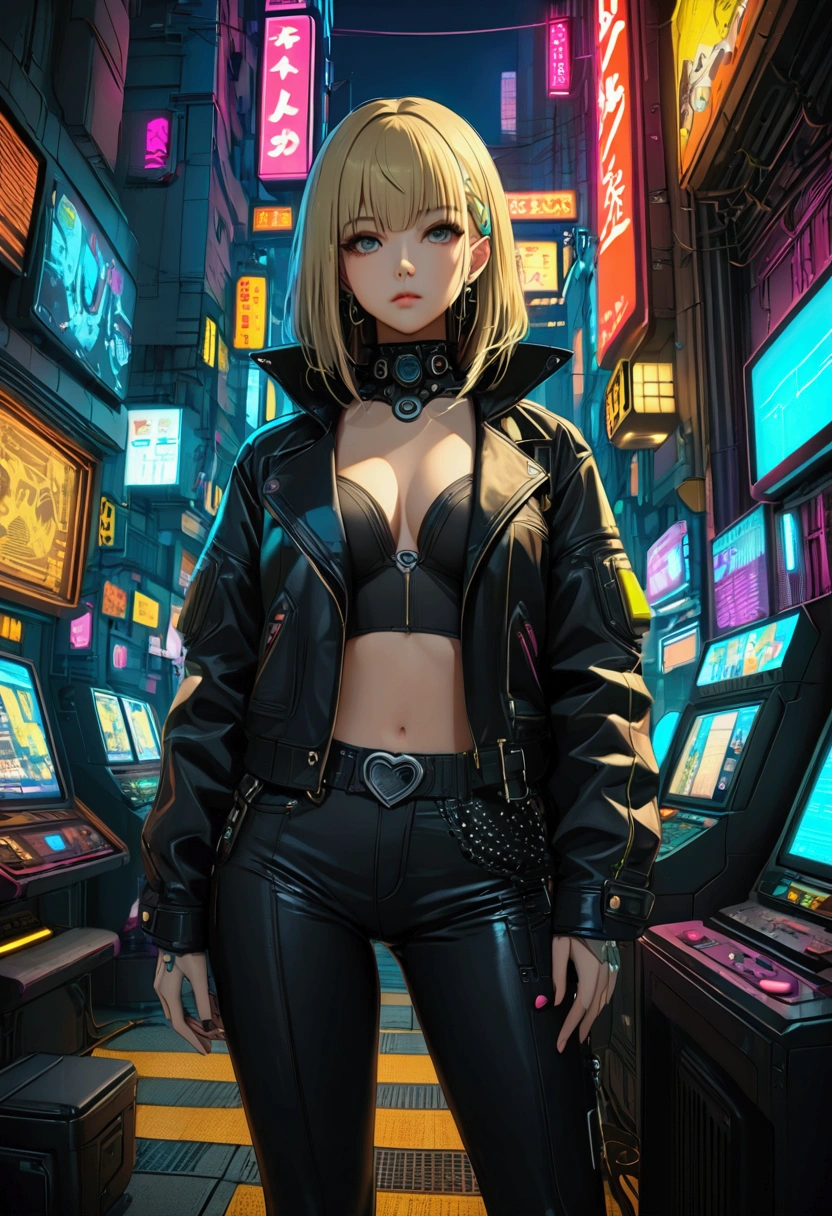 金髪の女性がcyber punkの街に立っている,Full body portrait,Looking at the camera(((Highest quality))),(((超detailed))),(((masterpiece))),shape,極限までdetailedに,超High resolution,最大detailed表示,Hyper Detail,Clear detailed,Great quality,Super detailed,can't believe it,High resolution,16K,detailed,Most authentic,Shiny solid color,(((cyber punk))),Outdoor,Neon night view,Shinjuku,(Surreal),((masterpiece, Highest quality, Extremely detailed CG, unity 8k wallpaper, Cinema Lighting, )),(((Browsing Caution))), Attention to detail, Golden Ratio Perfect Body, Blonde long hair, Wearing a black leather jacket,Wearing black jeans,Heart tattoo under the left eye, Seducing the viewer with captivating eyes, Beautiful Art Ultra HD 8K, 8Kの非常にdetailedなデジタルアート,cyber punk,{{{Neon night view}}},A very complicated background,Shinjuku,A face with hints of mechanical detail