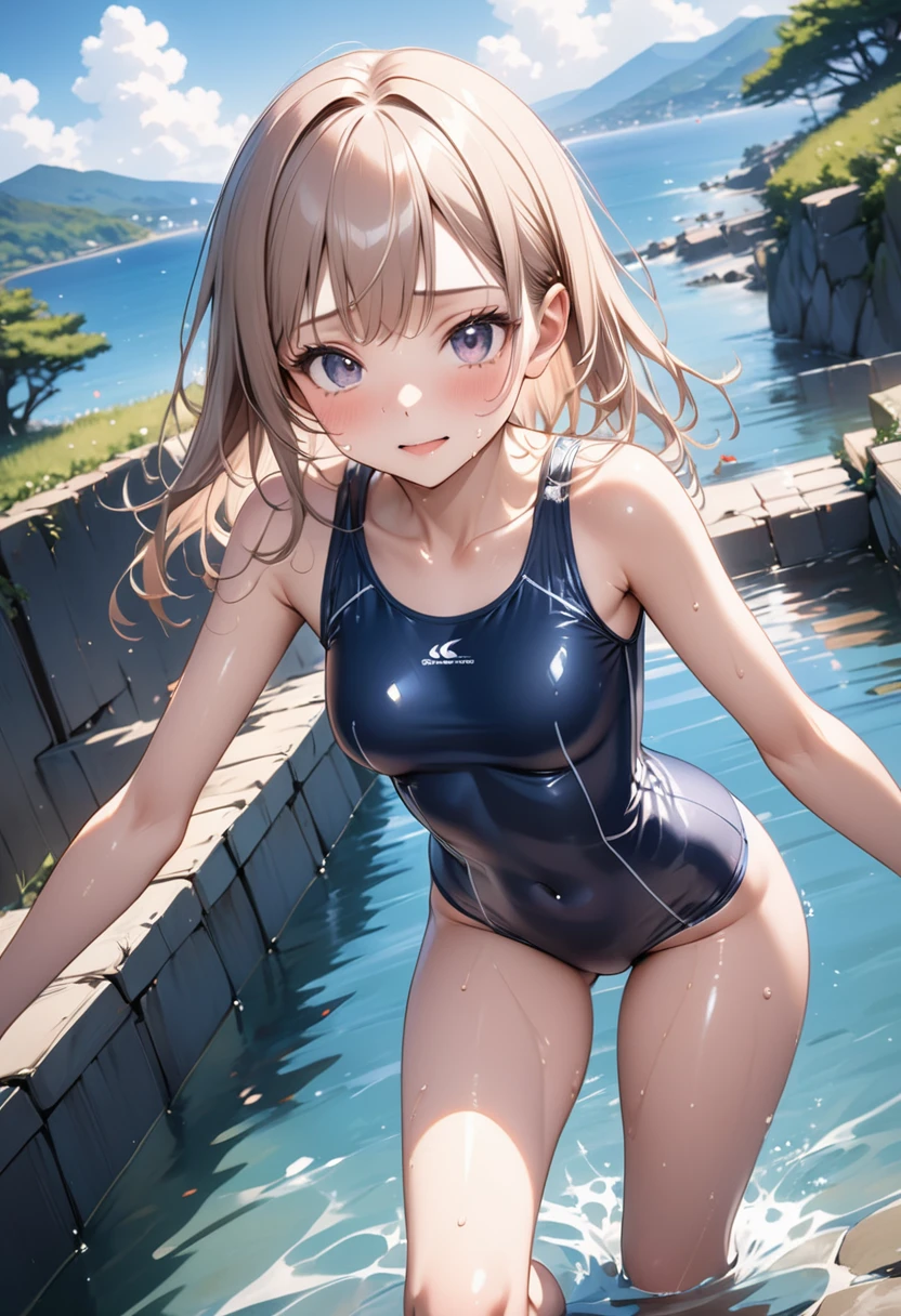 (best picture quality, 4K, high quality, masterpiece::1.2), ((masterpiece)), high detail, high quality, best picture quality, ((high quality,  nsfw, showing armpits, embarrassed, crying badly, spread legs, squatting, arms behind head)), , shooting from below, cute make up, (early  girl in a competition fancy swimsuit with pantyhose at poolside in the indoor pool), full body, loliond hair, pigtail, short height, medium breasts, bokeh, DOF, Portrait, open stance, (cute illustration:1.2), high-resolution, ultra-detailed, best-quality, (loafer), peeing