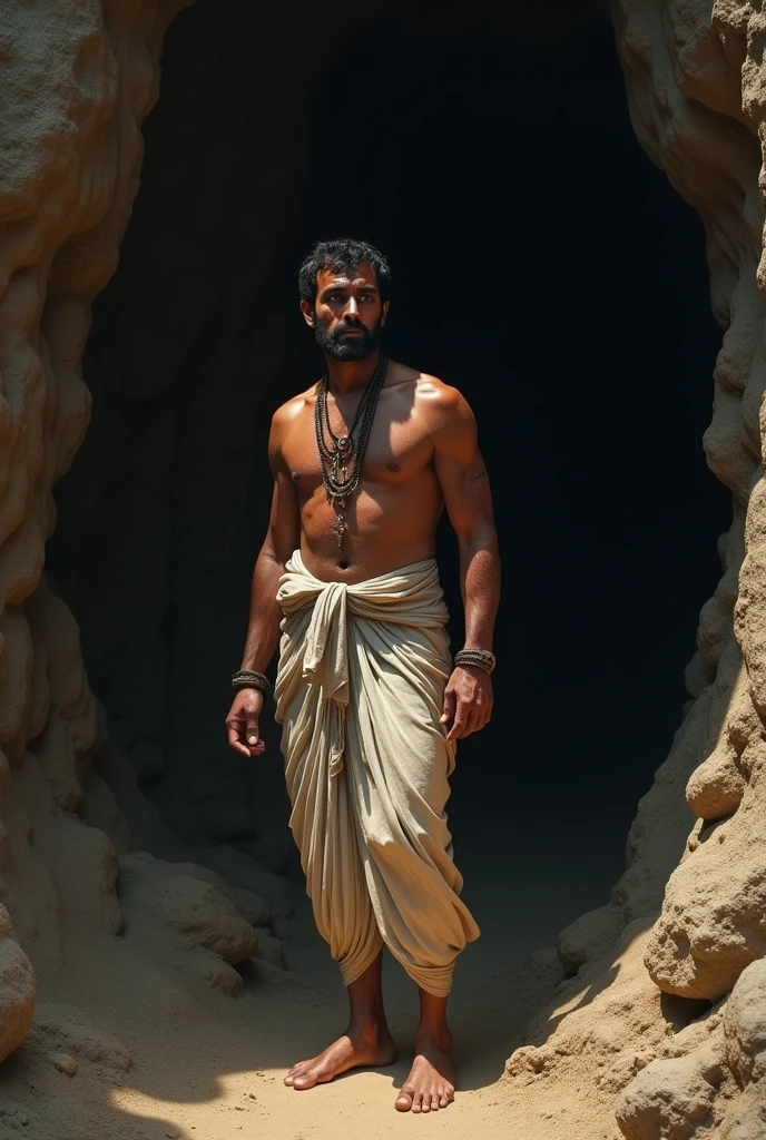 Surprised indian man in the cave with small injuries in dhoti kurta