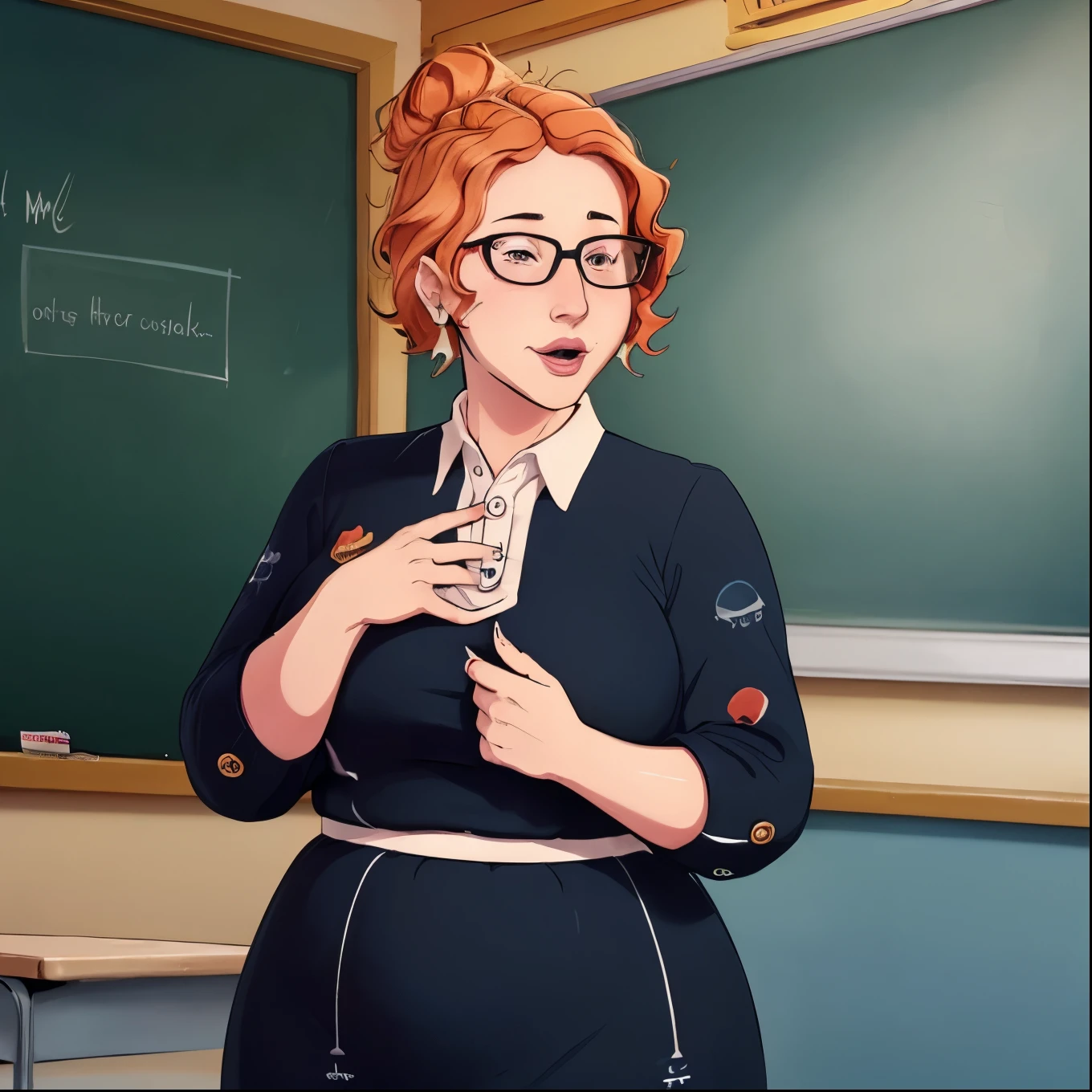 One girl. ((Quirky teacher)) (milf), (belly ache:1.2), (blushing),button gap, chubby, plump, short red hair, very detailed, portrait lighting,, classroom background, ((clothed midsection)) skindentation , dramatic lightning (safe for work:1.5) dress