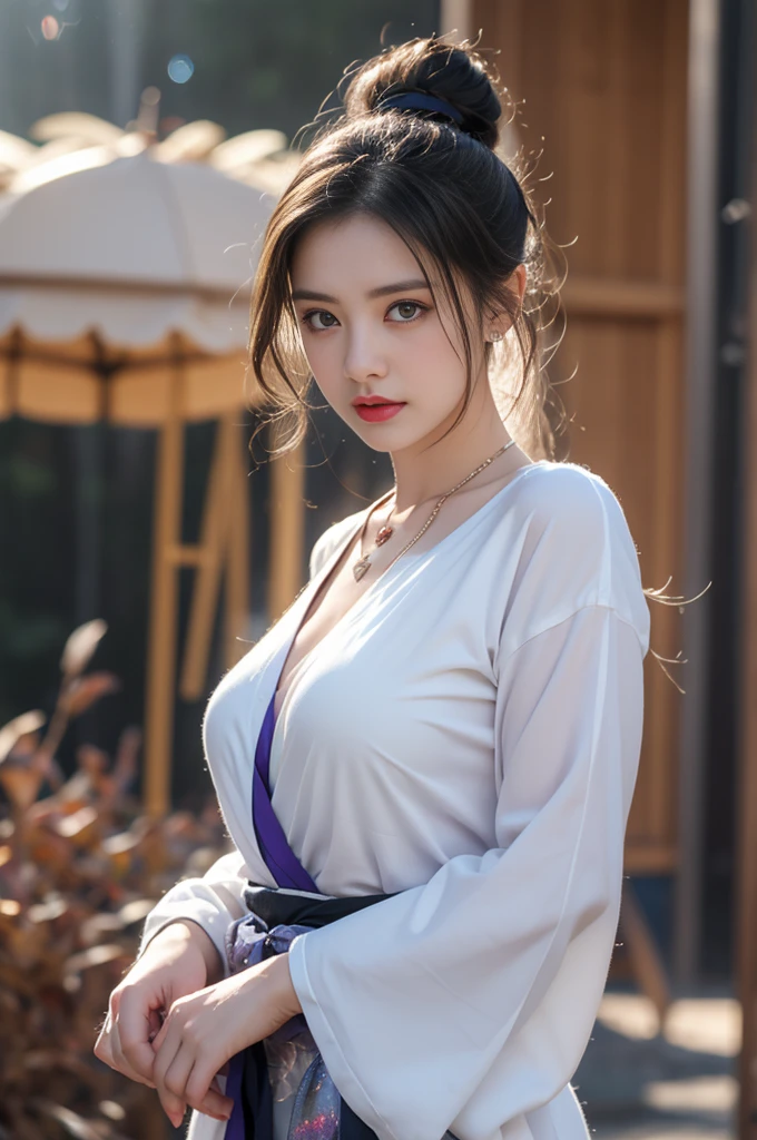 1 beautiful girl in Hanfu, ((black thin silk shirt)), long platinum purple ponytail Hair, Jewelry, ear jewelry, necklace and necklace, carefully drawn big purple eyes, carefully made up, thin eyebrows, high nose, beautiful red lips, no smile, pursed lips, rosy cheeks, wide chest, big breasts, well-proportioned breasts, slim waist, well-proportioned buttocks, purple fishnet stockings, Chinese Hanfu style, fictional art pattern, full of bright and realistic colors, RAW photo, Realistic photo, ultra-high quality 8k surreal photo, (effective magical light effect: 1.8), 10x pixels, magical effect (Background): 1.8), super detailed eyes, full body portrait of the girl, beach, dynamic pose