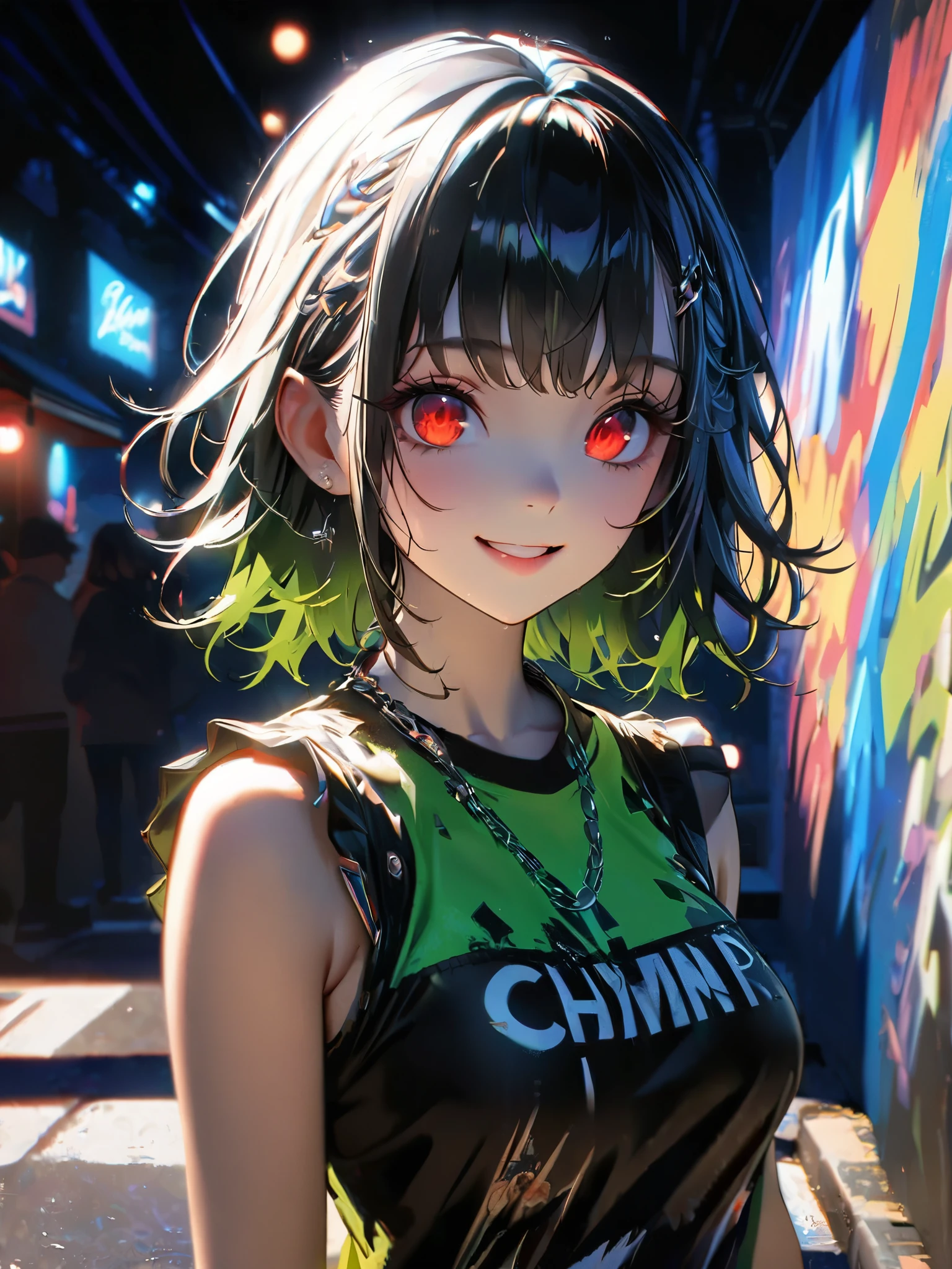 1 person, chromatic aberration, Written boundary depth, Soft Light, masterpiece, Highest quality, complicated, Tone Mapping, A place where fireworks are set off at festivals. Concept Art, Smooth, Clear focus, Dramatic lighting, Very cinematic, super practical painting, アートステーション's trending, 8k, Incredible Shadows, practical, whole body, View, Viewers, Portrait of a Girl 1, standing on street corner, Heavy rain and lightning、Dark Sky, neon and cyber punk background, she is dressed in punk clothing with silver chains and silver spikes, Her hair was dyed a bright black color..........Ominous aura of light, smile, punk, ciber punk, Backlight.Fashionable clothes、Friendly dress code:Stylish green sleeveless denim style.My breasts are a little big.Beautiful red eyes