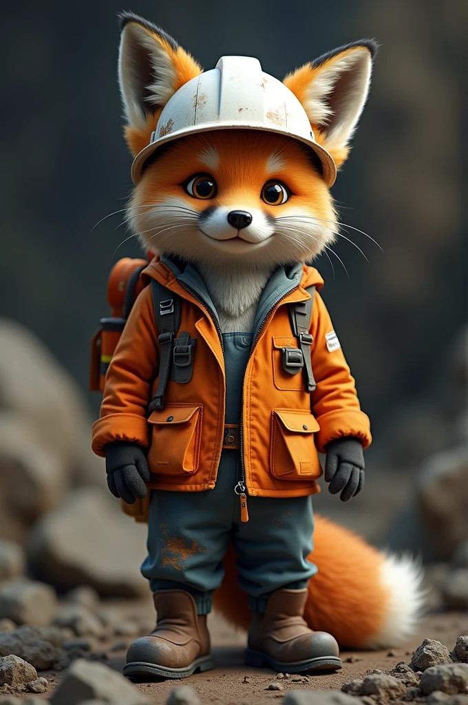 Culpeo fox dressed as a miner with a white helmet, orange jacket and safety shoes