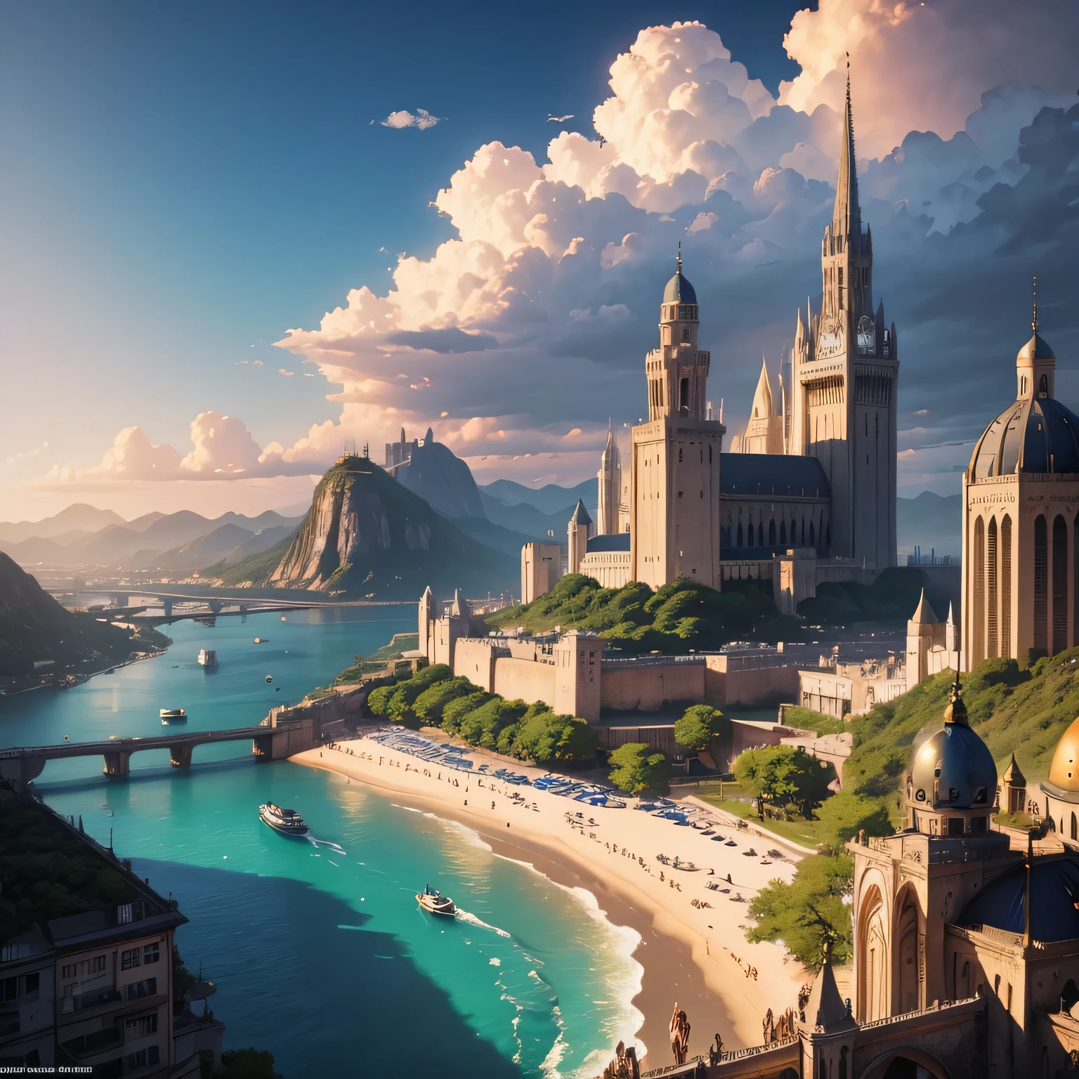 a view of a city with a river running through it, Beautiful medieval city., high definition animated cityscape, Fantasy capital city, anime landscape concept art, Makoto Shinkai. —h 2160, Anime style cityscape, Beautiful cityscape, Rio de Janeiro in an anime film, beautiful anime scene, in a science fiction and fantasy city