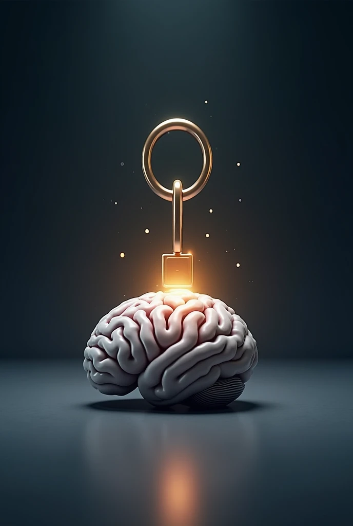 A stylized key, with intricate details and a golden glow, is about to be inserted into a lock that emerges from the center of a human brain. The brain is depicted in soft shades of gray and pink, with its grooves clearly defined, symbolizing mental power. The lock, with a metallic shine, stands out in the middle of the brain, suggesting that it is about to unlock new capabilities. Around the scene, there is a faint halo of golden light emanating from the key and lock, suggesting the imminence of a great revelation or transformation. The background is a smooth gradient from dark blue to black., with subtle touches of light that guide the eye to the focal point of the key and brain.