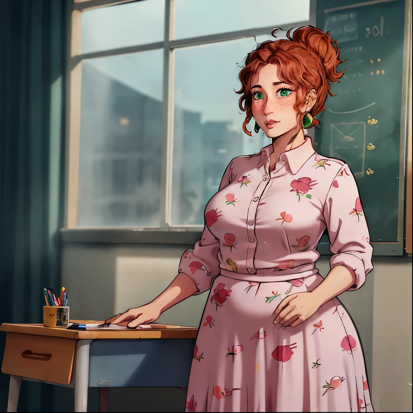 One girl. () (kindergarten teacheutfit), , (cute expression), (blushing), work clothes, button gap,  chubby, plump, short red hair, freckles, green eyes., very detailed body, skindentation , Valerie frizzle, dramatic lighting (((clothed midsection))),  dress, ((tall milf))