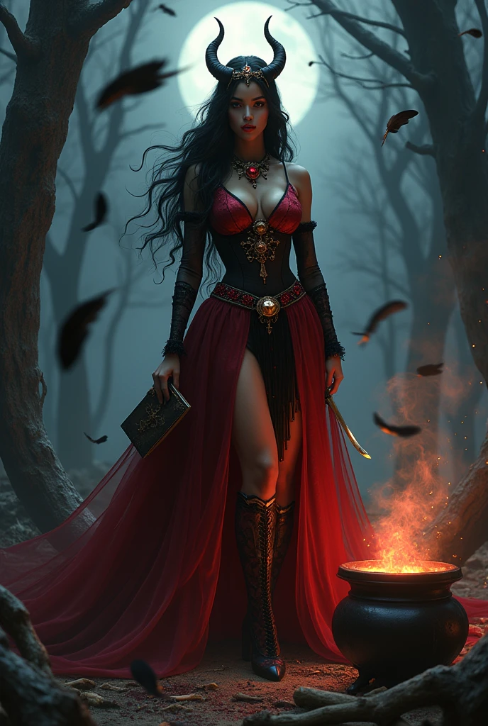 30 year old black woman, long wavy black fur, Red eyes, red and black necklaces, queen of hell, Super sexy red and black dress with gold and black details, melted candles, black magic book, whole body, walking among the dead , black feathers, full moon, evening, human bones , blood, They work in the moonlight with a cauldron,in a forest or swamp, He carries a knife in his leg, His hand is shrill, She wears a half-updo with a crown and goes barefoot., sitting