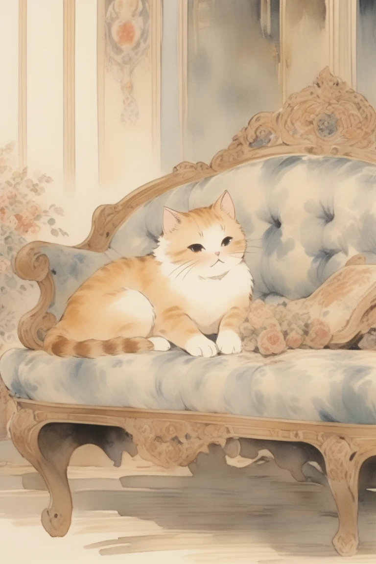 A cute cat with round eyes、curled up on an antique sofa、Room、anime