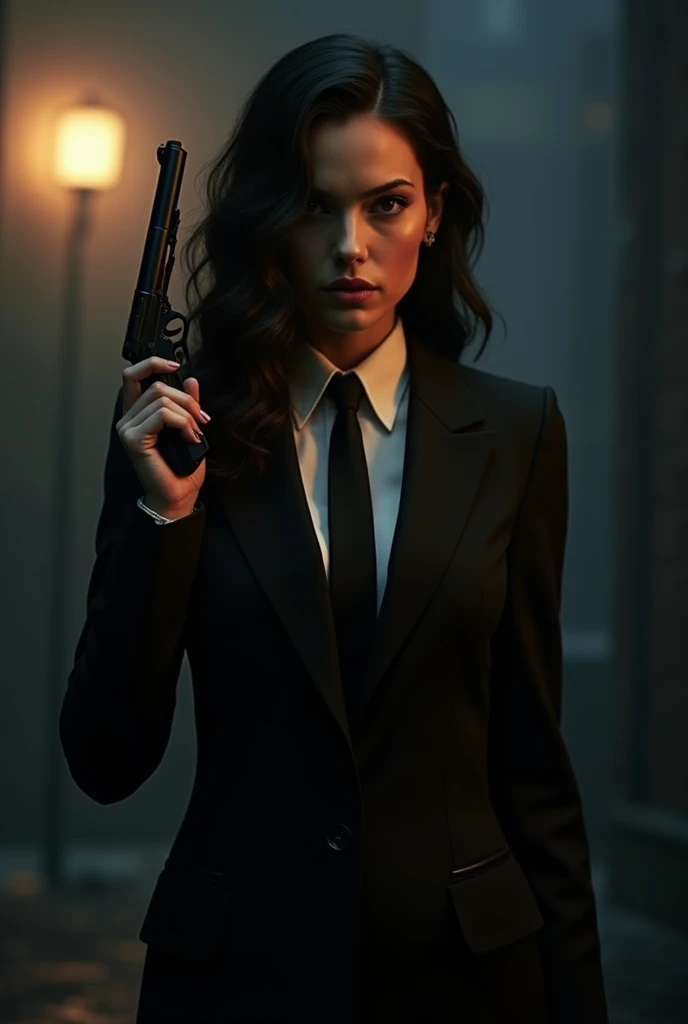 Sonata Dusk as Michael corleone with black hair color female with black suit and black necktie with a revolver gun