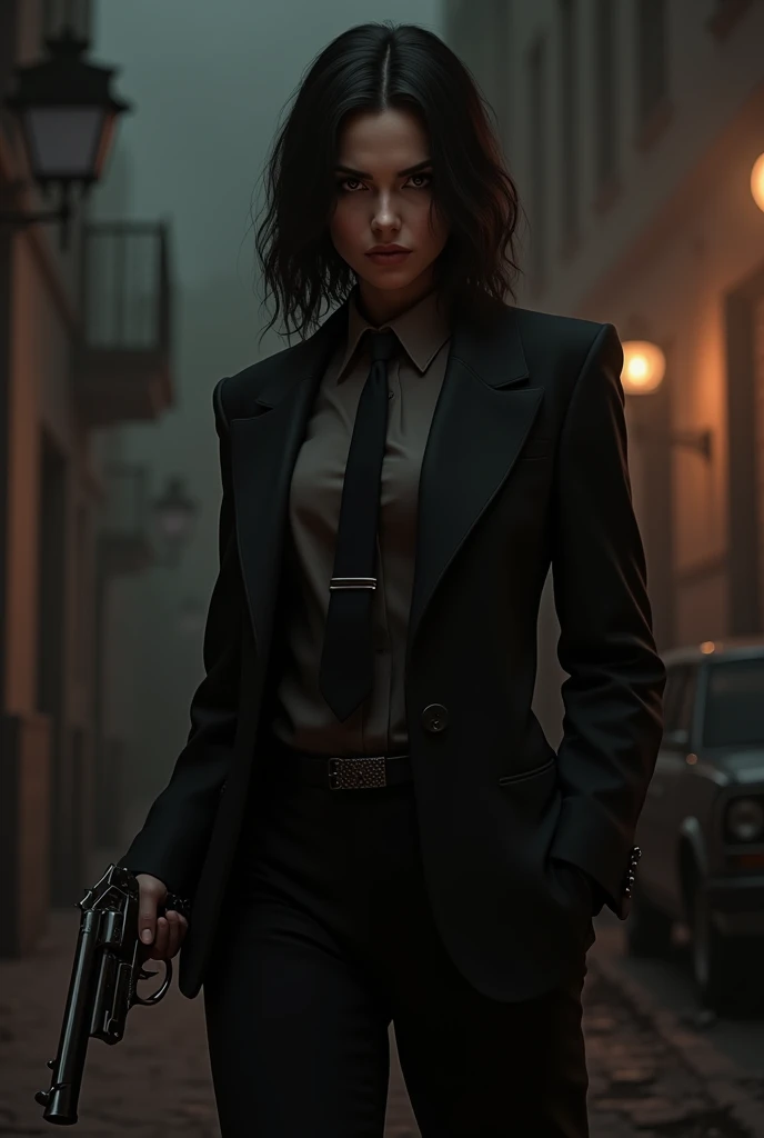 Sonata Dusk as Michael corleone with black hair color female with black suit and black necktie with a revolver gun