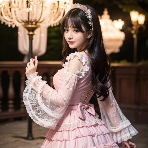 daytime,Side shot,In front of the amusement park castle,，best quality, Delicate face，beautiful visual work, lifelike,  eternity, black hair, Long curly hair, blunt bangs, Smile, Detailed Background,  Delicate face，pink blush，cold，((masterpiece))、(top quality)、8k、high detail、Super detailed，31 years old female，Wearing lolita dress、Seductive and whimsical style、masterpiece、born、Scenes resembling fairy tale illustrations、Intricate details and complex designs、Beautifully、magic、capricious、 Beautifully、Dream aesthetics、「𝓡𝓸𝓶𝓪𝓷𝓽𝓲𝓬、ethereal、charming、fickle、magic」、Realism、Visual effects、FXAA、SSAO、Shaders、voiceless、ambient lighting、Tone mapping、High resolution、Ultra high quality、Million pixels、(8K resolution:1.10)、8k、Below 8K、8K resolution、high detail、intricate details， (high quality:1.2、masterpiece:1.2、:1.21)、(31 years old female:1.21)、(Smile excitedly)、(Surrounded by the dreamy atmosphere、Model diagram，full-body shot，Normal 2 feet，Don't show your fingers，pink dress, lots of lace,layered dress， Long sleeve，Puff sleeves,Transparent sleeves，Bow at the back of the waist, Skirt length to calf, cupcake dress, Layered skirt with lace on each layer, Wear a LOLITA dress, layered dress, Pink lolita skirt, lots of lace, Long sleeve, Wide sleeves, Big skirt, layered lace skirt, Puff sleeves, Wide sleeves, Transparent sleeves子, intricate details showcase the ruffles and intricate designs of the Lolita dress, Wearing a lolita dress, Bow at the back of the waist, Skirt length to calf, cupcake dress, Layered skirt with lace on each layer, Wear a LOLITA dress, layered dress, Pink lolita skirt, lots of lace, Long sleeve, Wide sleeves, Big skirt, layered lace skirt, Puff sleeves, Wide sleeves, Transparent sleeves子, intricate details showcase the ruffles and intricate designs of the Lolita dress, Wearing a lolita dress, 