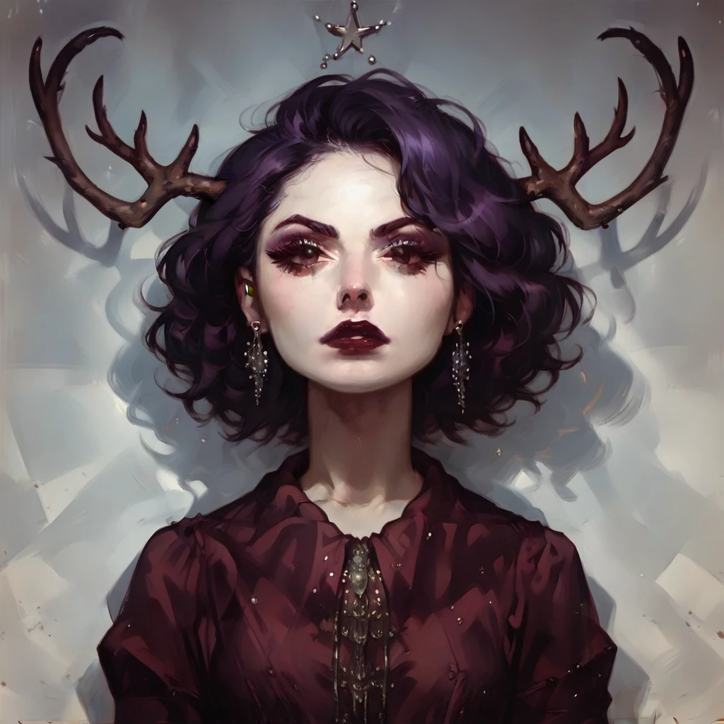 score_9, score_8_up, score_7_up, score_6_up, bg4, fierce Jackalope, antlers, short hair. purple black and fuchsia