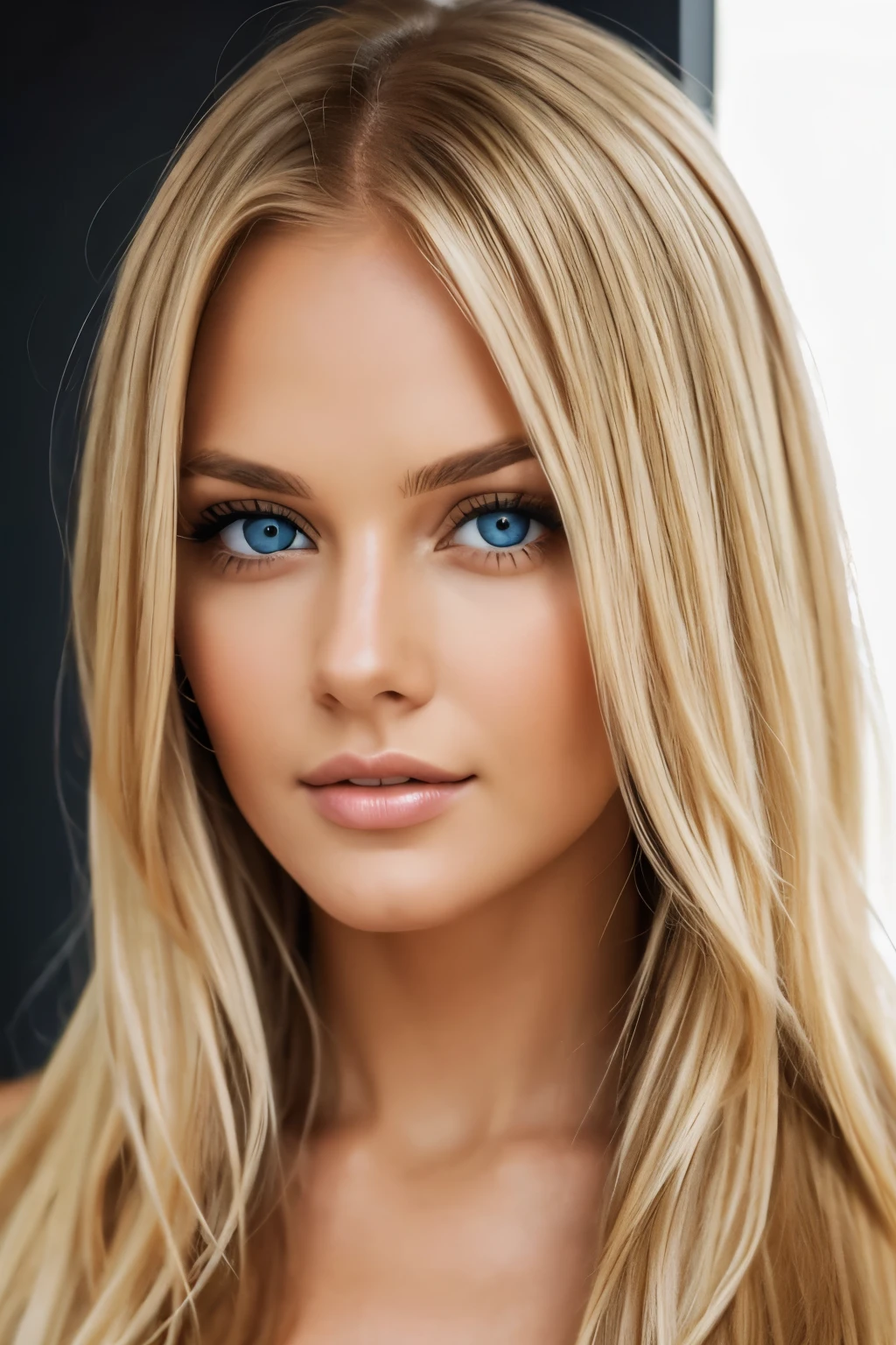 a very beautiful Swedish woman with long blonde hair, brown eyes, looking at the camera with sultry eyes, parted lips