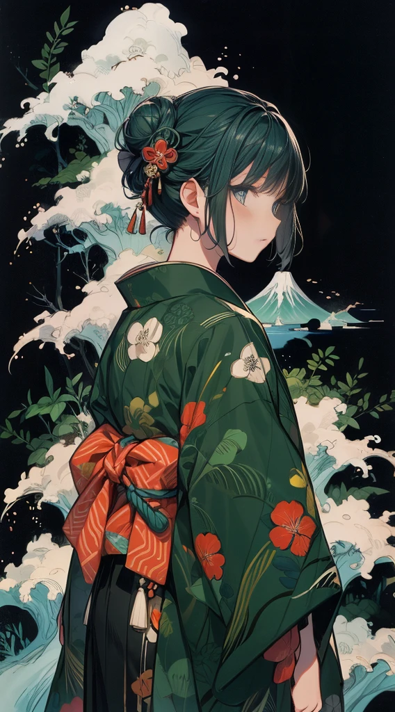 A personified character representing Iwate, Japan, with a focus on the prefecture's rich natural landscapes and traditional culture. The character wears traditional Japanese clothing, featuring elements inspired by Nambu ironware and Tono Monogatari. The outfit includes a kimono with traditional patterns and a modernized hakama. Their hair is deep green, blue, or black, symbolizing the lush mountains and seas of Iwate, styled in long, soft waves or a simple bun with traditional hair ornaments. Accessories include motifs from Nambu ironware or folklore creatures from Tono Monogatari. The character has a serene and introspective demeanor, with a strong will and quiet determination, reflecting the tranquil nature of Iwate. The color palette includes greens, blues, and blacks, representing the natural beauty and cultural richness of Iwate.,(CHARACTERSHEET:1) (MULTIPLE VIEWS FULL BODY UPPER BODY REFERENCE SHEET:1),Colorful Portraits