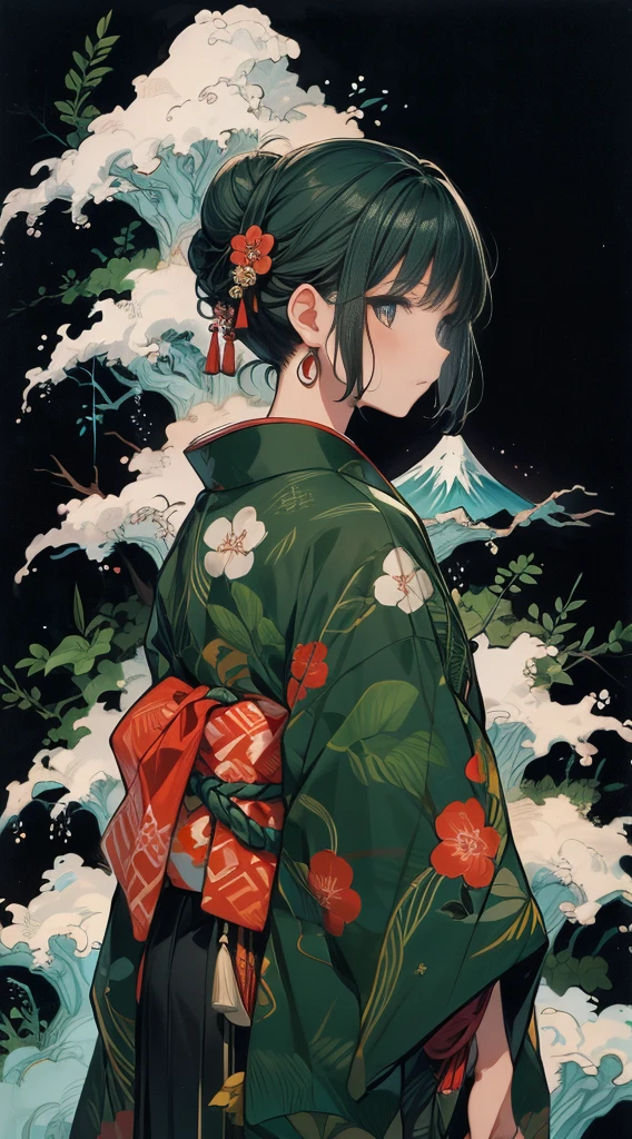 A personified character representing Iwate, Japan, with a focus on the prefecture's rich natural landscapes and traditional culture. The character wears traditional Japanese clothing, featuring elements inspired by Nambu ironware and Tono Monogatari. The outfit includes a kimono with traditional patterns and a modernized hakama. Their hair is deep green, blue, or black, symbolizing the lush mountains and seas of Iwate, styled in long, soft waves or a simple bun with traditional hair ornaments. Accessories include motifs from Nambu ironware or folklore creatures from Tono Monogatari. The character has a serene and introspective demeanor, with a strong will and quiet determination, reflecting the tranquil nature of Iwate. The color palette includes greens, blues, and blacks, representing the natural beauty and cultural richness of Iwate.,(CHARACTERSHEET:1) (MULTIPLE VIEWS FULL BODY UPPER BODY REFERENCE SHEET:1),Colorful Portraits