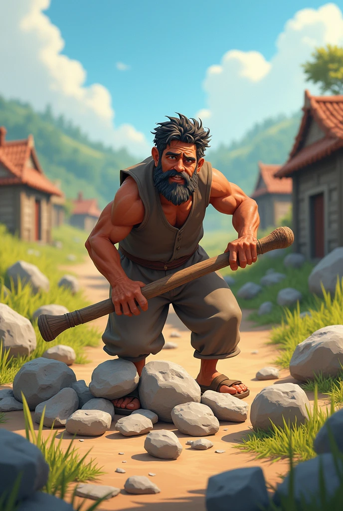 A poor village man breaking stone 3d cartoon