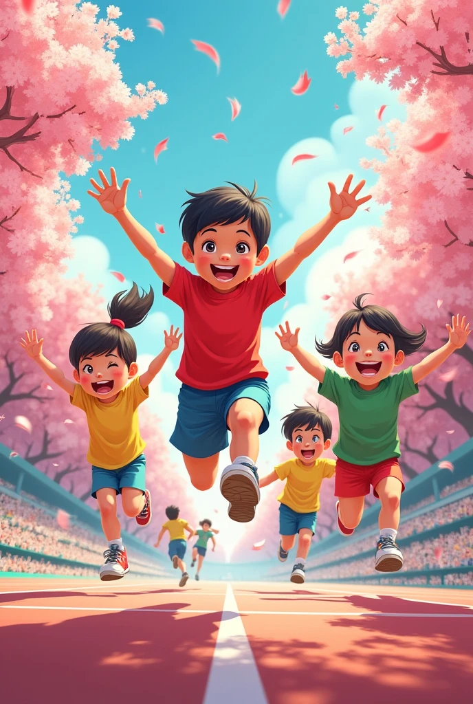 Create a graphic poster about the Olympic Games to take first place and advertise the Olympic Games with children and cherry blossom.