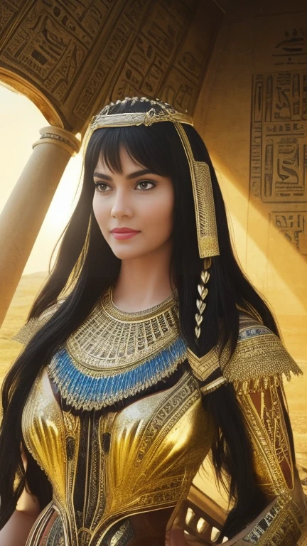 Image of a beautiful, detailed, ultra-realistic scene in which Cleopatra leads the Egyptian army into battle, in an Egyptian chariot. Detailed Egyptian weapons, ambiente de campo de batalha no deserto. Sunlight shines on their ornate Egyptian attire, creating a 4K cinematic atmosphere. Apparently Egyptian features and wavy hair, with clothes and ornaments of an Egyptian queen