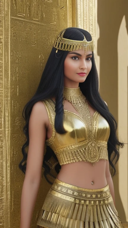 Image of a beautiful, detailed, ultra-realistic scene in which Cleopatra leads the Egyptian army into battle, in an Egyptian chariot. Detailed Egyptian weapons, ambiente de campo de batalha no deserto. Sunlight shines on their ornate Egyptian attire, creating a 4K cinematic atmosphere. Apparently Egyptian features and wavy hair, with clothes and ornaments of an Egyptian queen