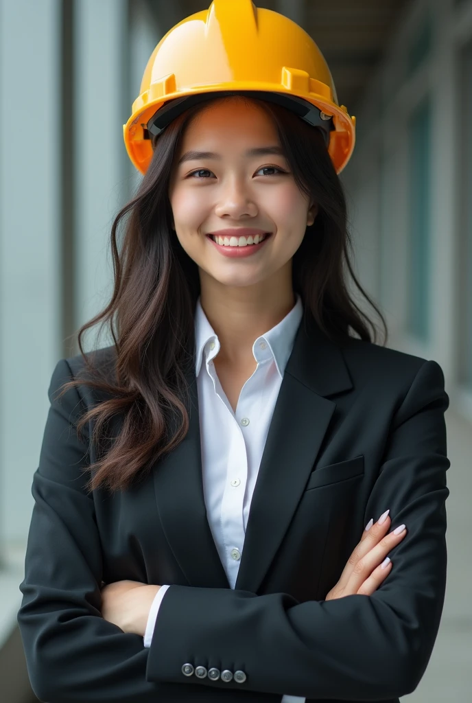 Create an 18-year-old Asian businesswoman wearing a construction helmet, standing and showing a sense of regret. She is smiling with a cute face. The image is full-body, slightly revealing, and she looks youthful
