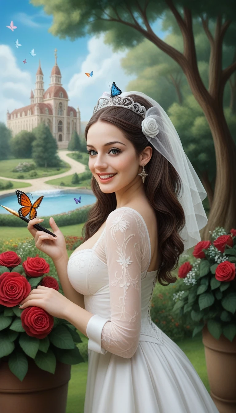 Create random replicas of the classic historical masterpieces of Leonardo da Vinci of Da Vinci Code superhit painting styles, Ultra-High Definition, 64k resolution oil painting without a frame, using full dimensions of the selected resolution to fit the artwork image, medieval era innocent looks, finely detailed to perfection, art-punk, Arabic style, countryside background, art germ, high-octane. A portrait of a Rainbow of Butterflies and Daffodils with a beautiful virgin goddess nymph winged angel in the Garden of Heaven in the Paradise, goddess nymph winged angel is a Blessed Cosmic Virgin Heavenly Bride of Holy Christ and is an exact replica of the sketch of a supermodel and singer Ariana Grande, Vatican looks and style, a precise copy of the conceptual legendary colorful Garden of Heavenly Paradise with rainbow hummingbirds and butterflies flying around, red roses and daffodils in the Heavenly Garden of Paradise with colorful random fruits on trees, a sketch of hummingbirds, butterflies, roses and daffodils is created with attention to the minutest detail, an unreal engine, ultimate beauty pro max, a quantum leap in artwork, magnificent miracle, unmatched quality, unmatched style, uniqueness to perfection, relaxed, bingo, illuminated, radiated with light, magnetic, extraordinary, a master stroke of a legendary brush, the artwork of a genius, a perfect sense of proportion and judgment, a tribute to a legendary master artist, super realistic, superhit, random dynamic poses, random smiling styles, random makeups, and random styles, vibrant 256k colors, ultimate art, extraordinary level portrait painting, master craftsmanship of sketching beautiful human female hands with strictly 4 symmetrical natural fingers on each hand in extremely minutest detail of care applied, silky smooth texture of hands, GEFORCE RTX GPU magic, artwork for British Isles and French market customers, Professional commercial painting