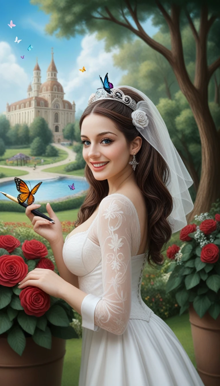 Create random replicas of the classic historical masterpieces of Leonardo da Vinci in 'The Last Supper' superhit painting style, Ultra-High Definition, 64k resolution oil painting without a frame, using full dimensions of the selected resolution to fit the artwork image, medieval era innocent looks, finely detailed to perfection, art-punk, Arabic style, countryside background, art germ, high-octane. A portrait of a Rainbow of Butterflies and Daffodils with a beautiful virgin goddess nymph winged angel in the Garden of Heaven in the Paradise, goddess nymph winged angel is a Blessed Cosmic Virgin Heavenly Bride of Holy Christ and is an exact replica of the sketch of a supermodel Mona Lisa, happy smiling face, Sitting on a Queen's luxurious Heavenly Cushioned Chair of Paradise, Vatican looks and style, a precise copy of the conceptual legendary colorful Garden of Heavenly Paradise with rainbow hummingbirds and butterflies flying around, red roses and daffodils in the Heavenly Garden of Paradise with colorful random fruits on trees, a sketch of hummingbirds, butterflies, roses and daffodils is created with attention to the minutest detail, an unreal engine, ultimate beauty pro max, a quantum leap in artwork, magnificent miracle, unmatched quality, unmatched style, uniqueness to perfection, relaxed, bingo, illuminated, radiated with light, magnetic, extraordinary, a master stroke of a legendary brush, the artwork of a genius, a perfect sense of proportion and judgment, a tribute to a legendary master artist, super realistic, superhit, random dynamic poses, random smiling styles, random makeups, and random styles, vibrant 256k colors, ultimate art, extraordinary level portrait painting, master craftsmanship of sketching beautiful human female hands with strictly 4 symmetrical natural fingers on each hand in extremely minutest detail of care applied, GEFORCE RTX GPU magic, artwork for British Isles and French market customers, Professional commercial painting