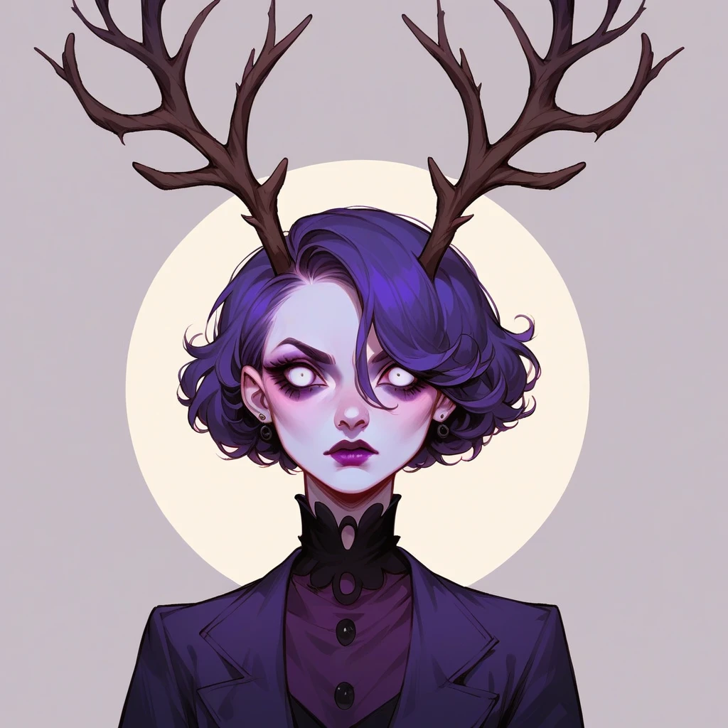 score_9, score_8_up, score_7_up, score_6_up, bg4, fierce Jackalope, antlers, short hair. purple black and fuchsia, creep