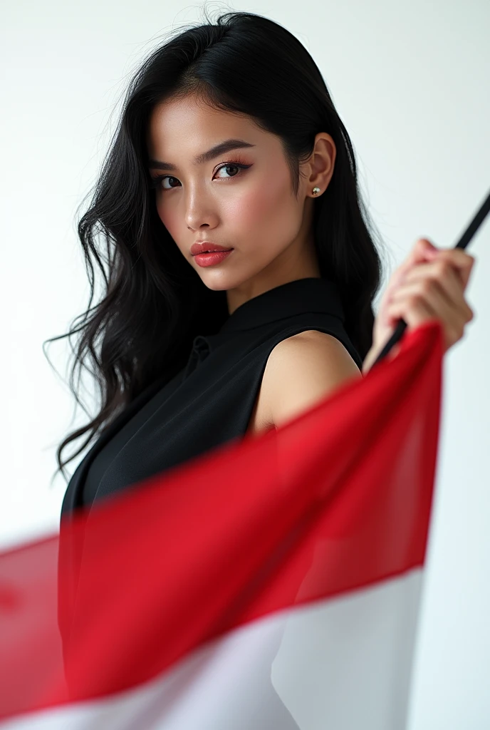Long black hair woman with Indonesian flag rope, red and white flag background