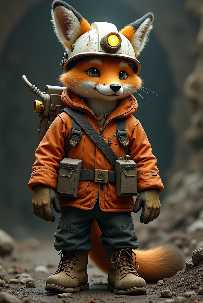 Culpeo fox dressed as a miner with a white helmet, orange jacket and safety shoes and a drilling crown 