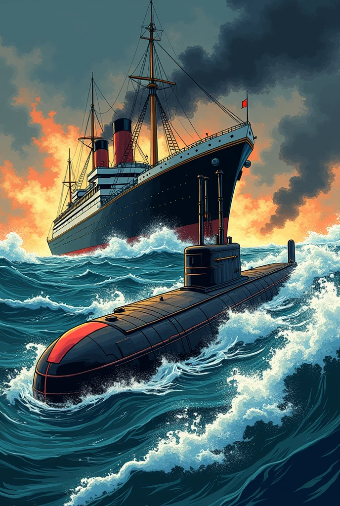 Make a comic style drawing of a submarine attacking a steamship