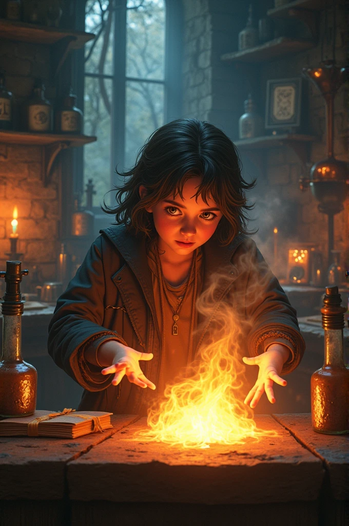 A young apprentice witch experiments with fire magic in a dark laboratory.。