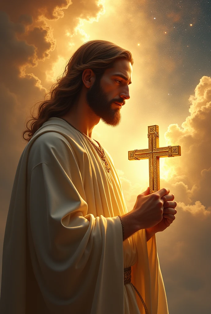 Wonderful Jesus Christ holding a golden crucifix with a heavenly aura with an otherworldly celestial sky in the background