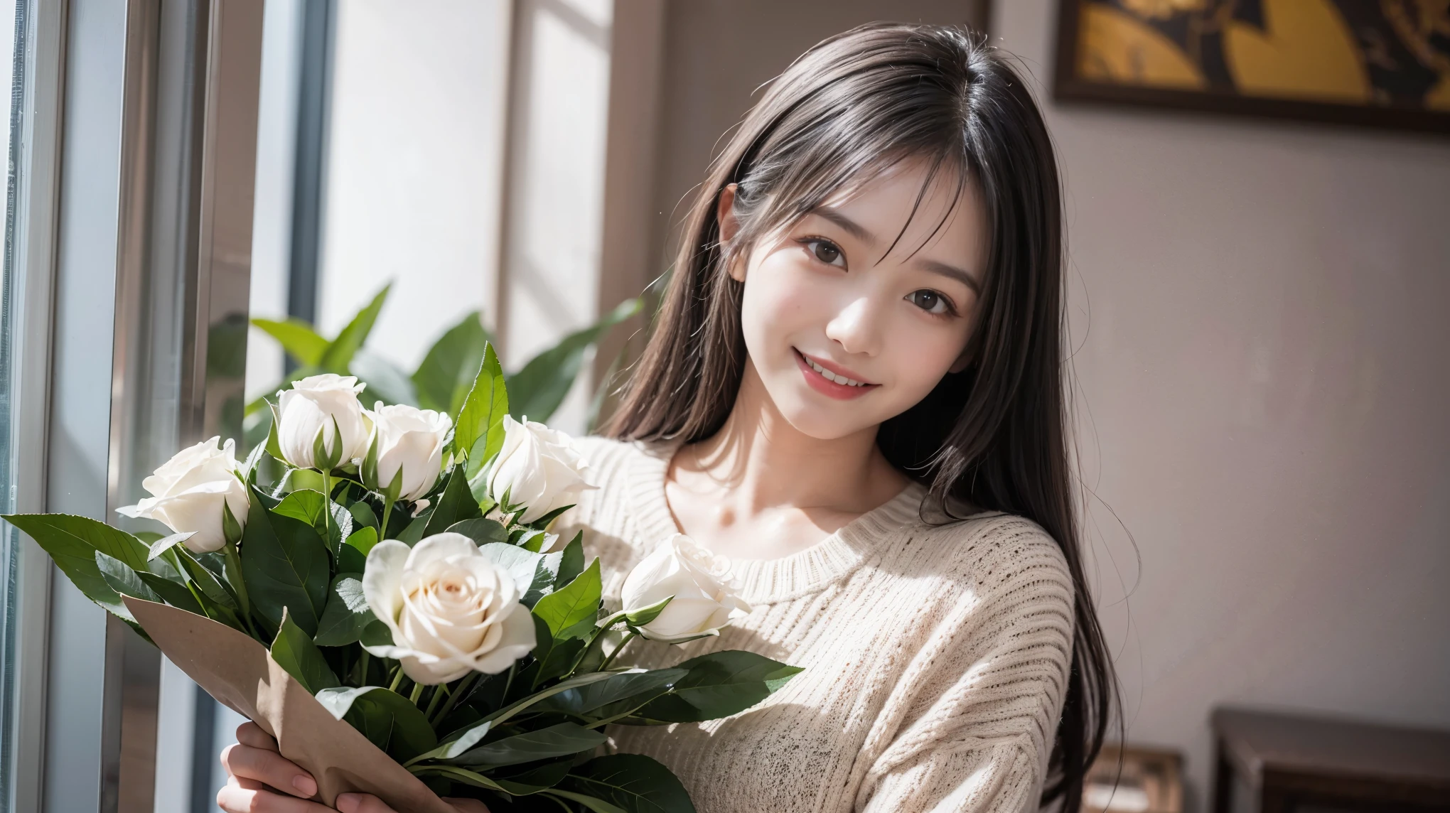 masterpiece, Highest quality, One person, Gray Hair, smile, View your viewers, Adult, Fully mature, Holding flowers