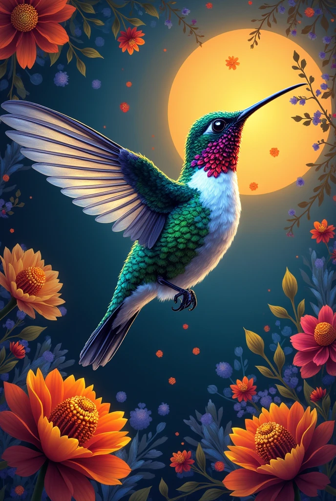 Photorealism beautiful hummingbird with a colorfull day of the dead background, as a messager from the deads