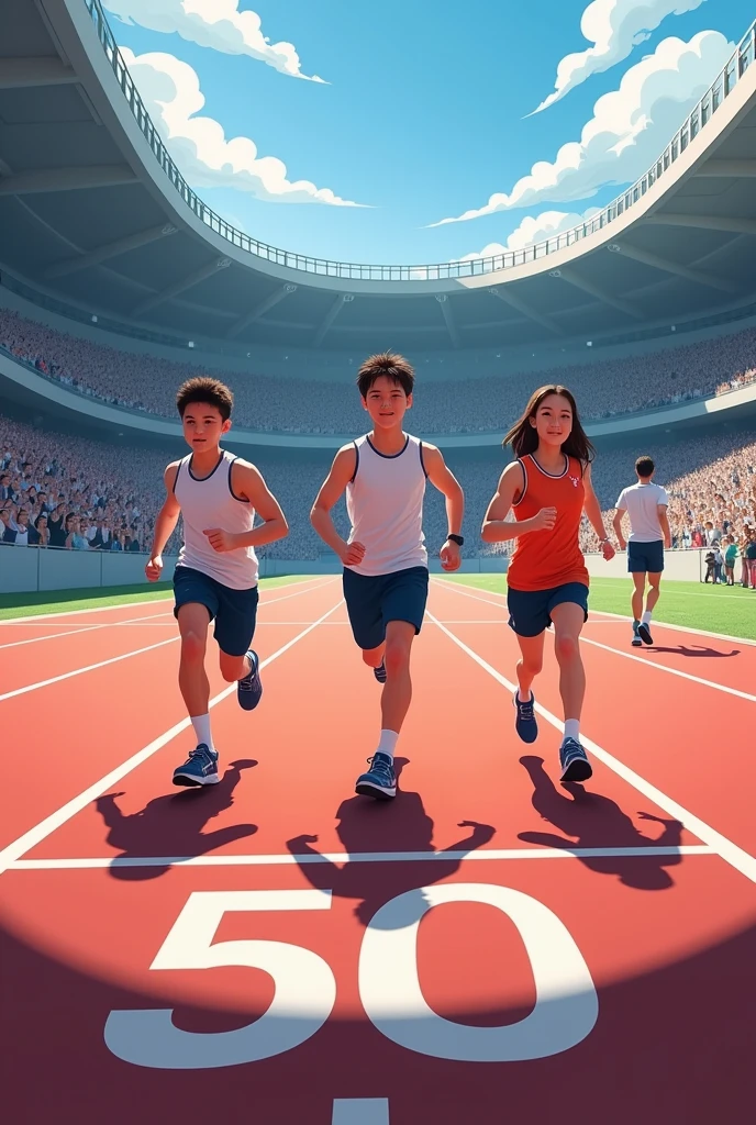 50 m running within three boys ,instructer waiting to stop them when they reach 50 m , mention 50 m written on lane , all this happening within stadium with audiance , upper view of stadium please