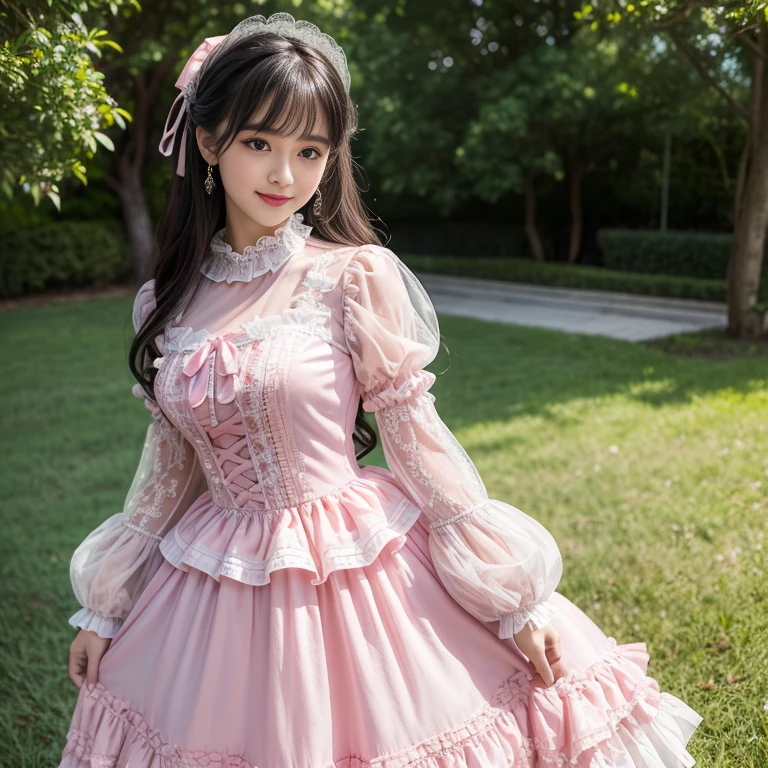daytime,Side shot,In front of the amusement park castle,,best quality, Delicate face,beautiful visual work, lifelike, eternity, black hair, Long curly hair, blunt bangs, Smile, Detailed Background, Delicate face,pink blush,cold,((masterpiece))、(top quality)、8k、high detail、Super detailed,31 years old female,Wearing lolita dress、Seductive and whimsical style、masterpiece、born、Scenes resembling fairy tale illustrations、Intricate details and complex designs、Beautifully、magic、capricious、 Beautifully、Dream aesthetics、「𝓡𝓸𝓶𝓪𝓷𝓽𝓲𝓬、ethereal、charming、fickle、magic」、Realism、Visual effects、FXAA、SSAO、Shaders、voiceless、ambient lighting、Tone mapping、High resolution、Ultra high quality、Million pixels、(8K resolution:1.10)、8k、Below 8K、8K resolution、high detail、intricate details, (high quality:1.2、masterpiece:1.2、:1.21)、(31 years old female:1.21)、(Smile excitedly)、(Surrounded by the dreamy atmosphere、Model diagram,full-body shot,Normal 2 feet,Don't show your fingers,pink dress, lots of lace,layered dress, Long sleeve,Puff sleeves,Transparent sleeves,Bow at the back of the waist, Skirt length to calf, cupcake dress, Layered skirt with lace on each layer, Wear a LOLITA dress, layered dress, Pink lolita skirt, lots of lace, Long sleeve, Wide sleeves, Big skirt, layered lace skirt, Puff sleeves, Wide sleeves, Transparent sleeves子, intricate details showcase the ruffles and intricate designs of the Lolita dress, Wearing a lolita dress, Bow at the back of the waist, Skirt length to calf, cupcake dress, Layered skirt with lace on each layer, Wear a LOLITA dress, layered dress, Pink lolita skirt, lots of lace, Long sleeve, Wide sleeves, Big skirt, layered lace skirt, Puff sleeves, Wide sleeves, Transparent sleeves子, intricate details showcase the ruffles and intricate designs of the Lolita dress, Wearing a lolita dress,