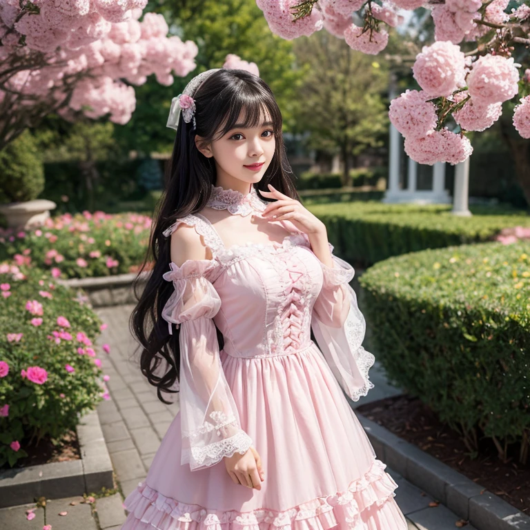 daytime,Side shot,In front of the amusement park castle,，best quality, Delicate face，beautiful visual work, lifelike,  eternity, black hair, Long curly hair, blunt bangs, Smile, Detailed Background,  Delicate face，pink blush，cold，((masterpiece))、(top quality)、8k、high detail、Super detailed，31 years old female，Wearing lolita dress、Seductive and whimsical style、masterpiece、born、Scenes resembling fairy tale illustrations、Intricate details and complex designs、Beautifully、magic、capricious、 Beautifully、Dream aesthetics、「𝓡𝓸𝓶𝓪𝓷𝓽𝓲𝓬、ethereal、charming、fickle、magic」、Realism、Visual effects、FXAA、SSAO、Shaders、voiceless、ambient lighting、Tone mapping、High resolution、Ultra high quality、Million pixels、(8K resolution:1.10)、8k、Below 8K、8K resolution、high detail、intricate details， (high quality:1.2、masterpiece:1.2、:1.21)、(31 years old female:1.21)、(Smile excitedly)、(Surrounded by the dreamy atmosphere、Model diagram，full-body shot，Normal 2 feet，Don't show your fingers，pink dress, lots of lace,layered dress， Long sleeve，Puff sleeves,Transparent sleeves，Bow at the back of the waist, Skirt length to calf, cupcake dress, Layered skirt with lace on each layer, Wear a LOLITA dress, layered dress, Pink lolita skirt, lots of lace, Long sleeve, Wide sleeves, Big skirt, layered lace skirt, Puff sleeves, Wide sleeves, Transparent sleeves子, intricate details showcase the ruffles and intricate designs of the Lolita dress, Wearing a lolita dress, Bow at the back of the waist, Skirt length to calf, cupcake dress, Layered skirt with lace on each layer, Wear a LOLITA dress, layered dress, Pink lolita skirt, lots of lace, Long sleeve, Wide sleeves, Big skirt, layered lace skirt, Puff sleeves, Wide sleeves, Transparent sleeves子, intricate details showcase the ruffles and intricate designs of the Lolita dress, Wearing a lolita dress, 